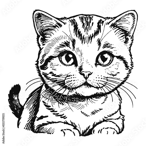 Scottish Fold Cat Kitten Hand Drawn Engraved Ink Line Art Sketch Illustration