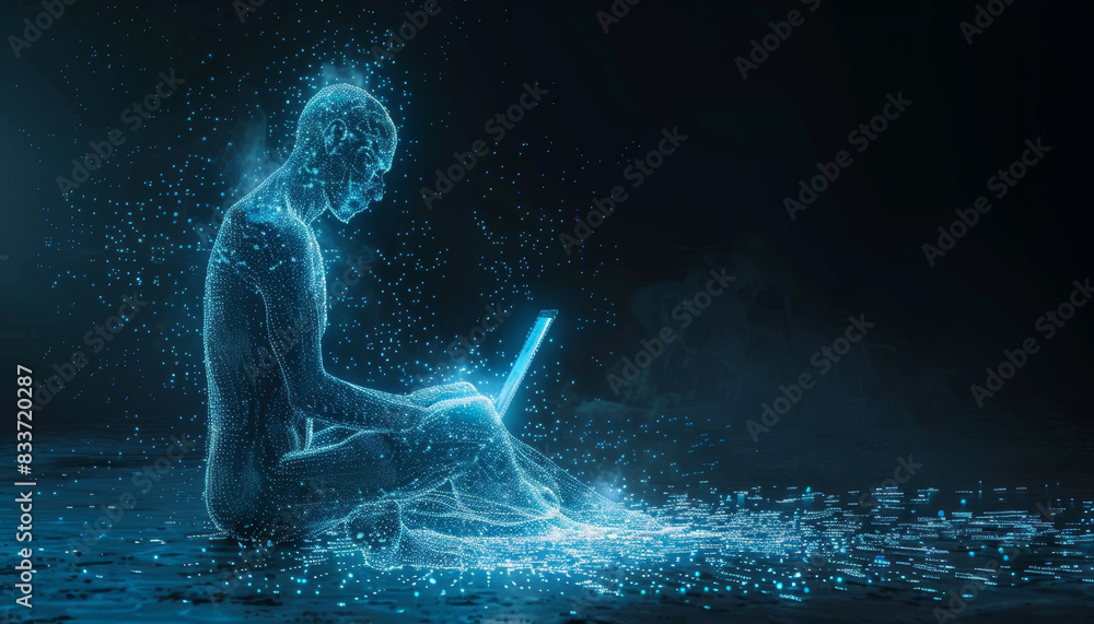 Fototapeta premium A man is sitting on the ground with a laptop in front of him by AI generated image