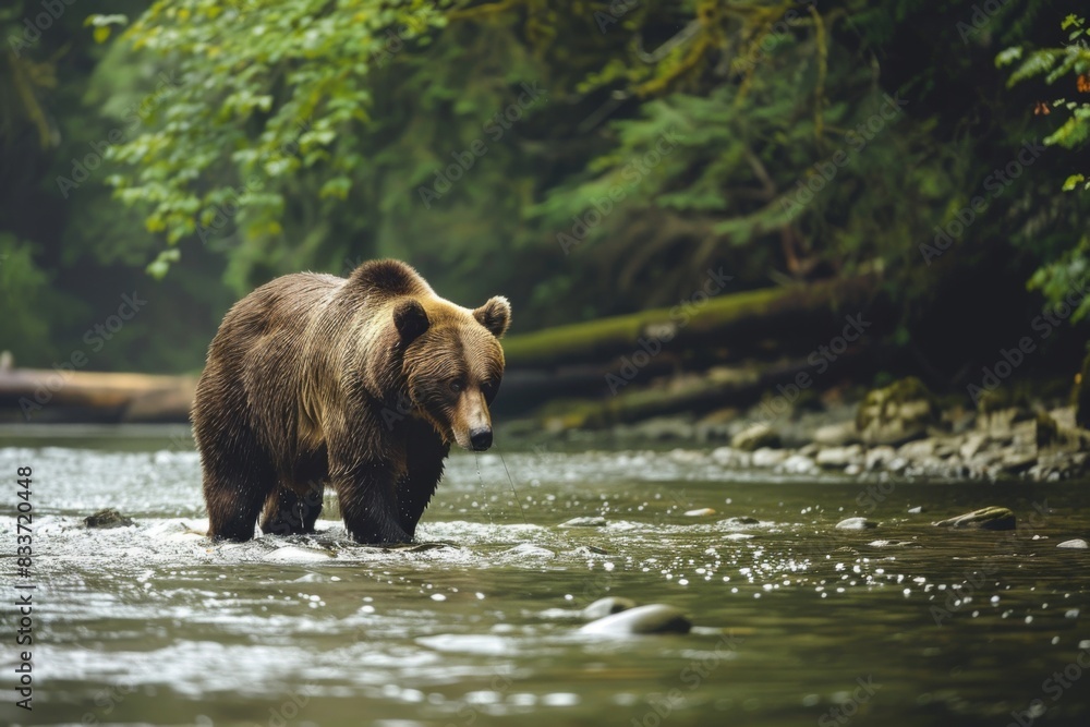 Majestic Brown Bear Fishing in a Lush Forest River. Majestic Brown Bear Fishing in a Lush Forest River.