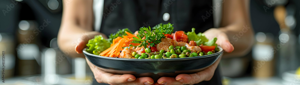 Photo realistic Fitness Trainer Promoting Plant Based Meal Box: Protein Rich, Energy Boosting Benefits. Ideal for Fitness  Health Ads. Photo Stock Concept