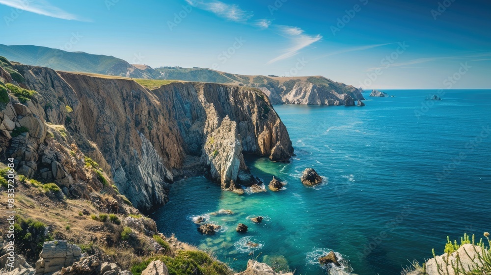Majestic seascape with a peaceful beach, clear waters, and a bright blue sky, perfect for travel and holiday visuals. Majestic seascape with a peaceful beach, clear waters, and a bright blue sky, perfect for travel and holiday visuals.