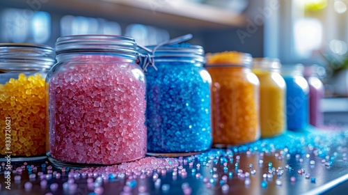 baking ingredients, glass jar filled with vibrant sugar sprinkles on kitchen counter is a colorful and delicious addition for enhancing desserts photo