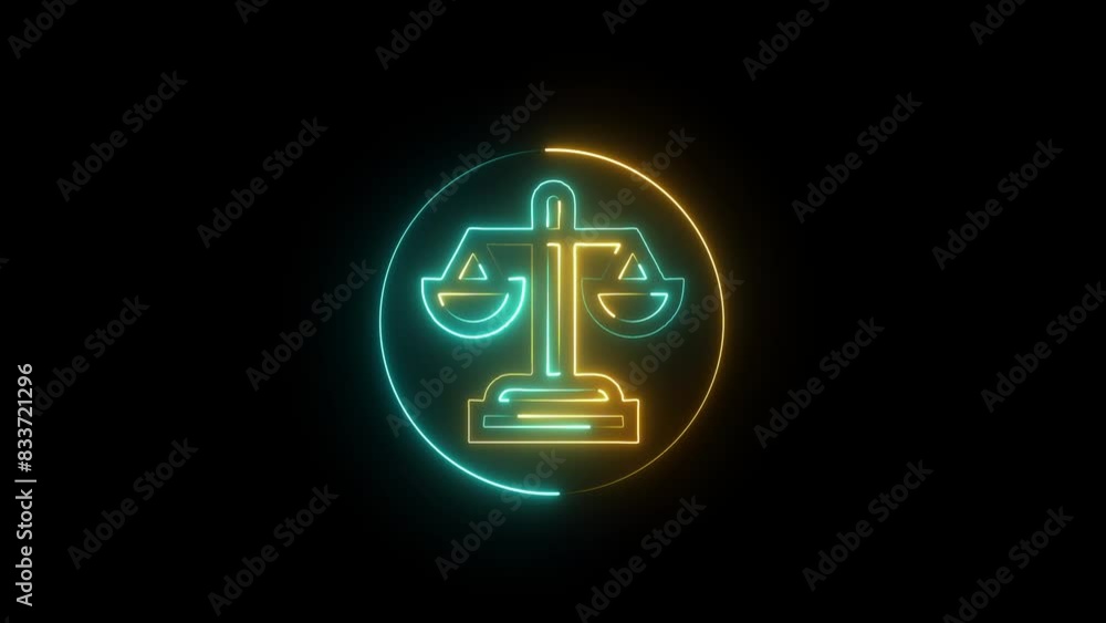 Abstrack glowing neon line justice icon animation on black background Abstrack glowing neon line justice icon animation on black background