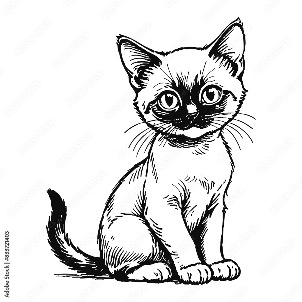 Obraz premium Siamese Cat Kitten Hand Drawn Engraved Ink Line Art Sketch Illustration