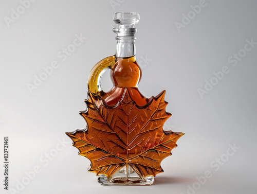 A bottle of maple syrup with a leaf on it. The bottle is made of glass and has a plain background 