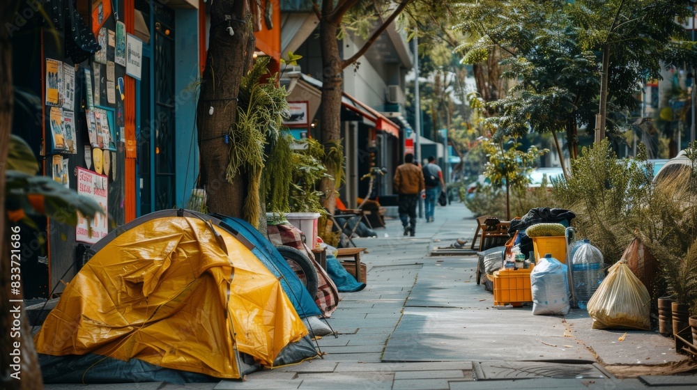 Urban sidewalk lined with homeless people and their belongings Urban sidewalk lined with homeless people and their belongings