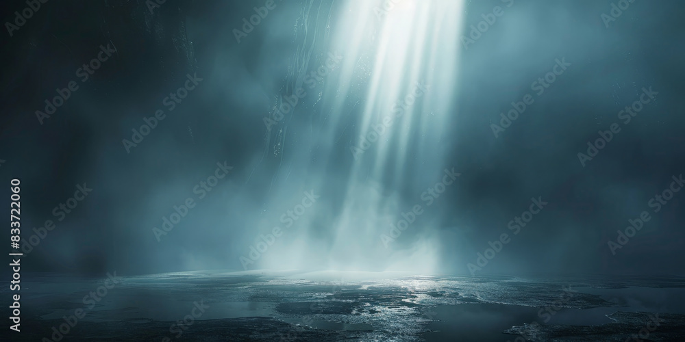 Ethereal rays of light piercing through a dark, misty environment creating a mystical and serene atmosphere.empty dark scene, neon light, spotlights The asphalt floor and studio room with smoke
