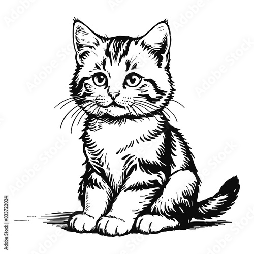 Siberian Cat Kitten Hand Drawn Engraved Ink Line Art Sketch Illustration