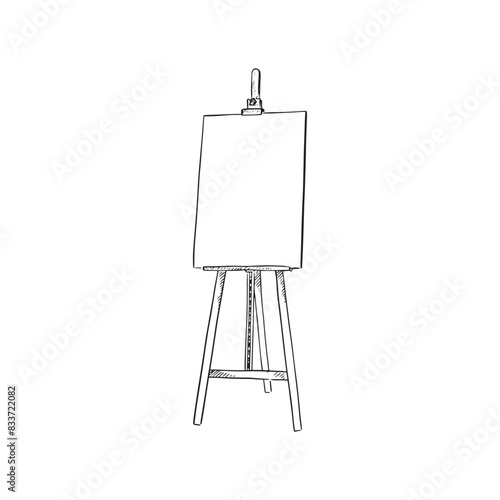 A blank board on an easel. Hand drawing black and white. Line drawing. 
