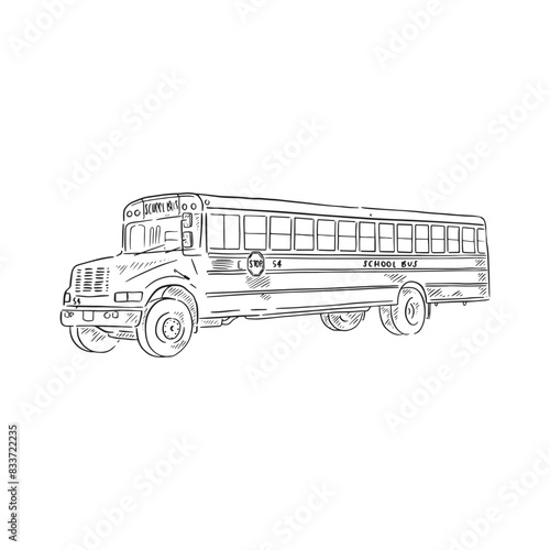 A line drawn illustration of an American school bus in black and white sketchy style. Drawn by hand. 