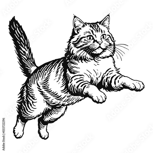 Siberian Cat Hand Drawn Engraved Ink Line Art Sketch Illustration