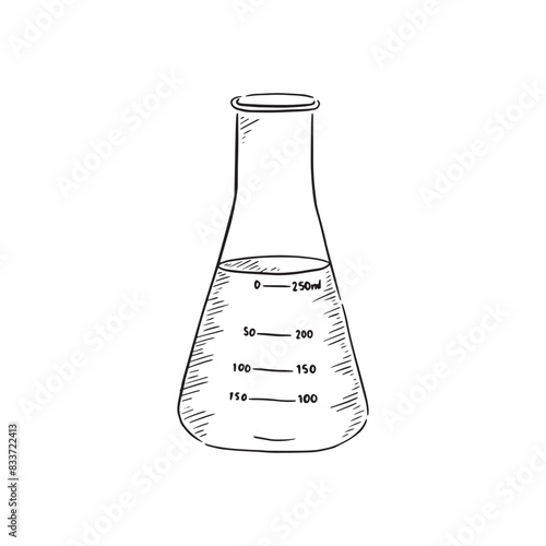 Science conical flask. A line drawn illustration of a conical flask in black and white. Drawn by hand with numbers written onto the glass and flask is full of liquid.