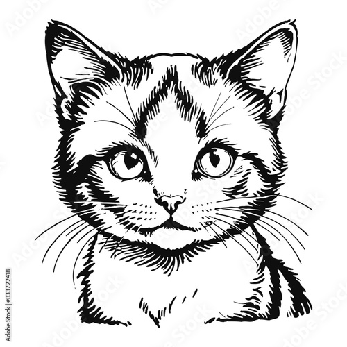 Snowshoe Cat Kitten Hand Drawn Engraved Ink Line Art Sketch Illustration