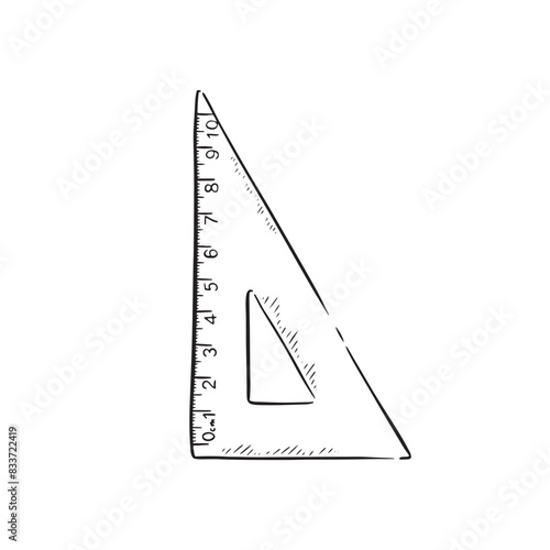 A line drawn illustration of a set square. Drawn by hand in black and white.