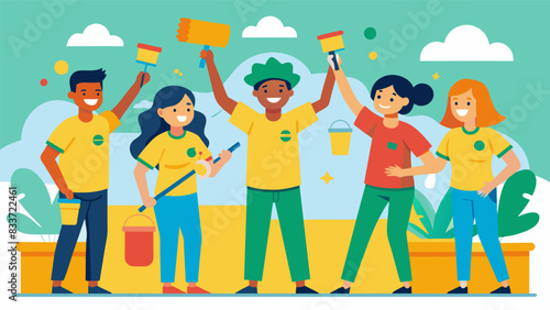A group of volunteers cheerfully painting the walls in bright cheerful colors bringing some muchneeded life and energy into the home.. Vector illustration