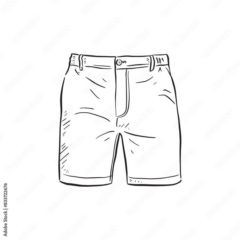 A line drawn illustration of a pair of mens shorts in black and white. Drawn by hand. A line drawn illustration of a pair of mens shorts in black and white. Drawn by hand.