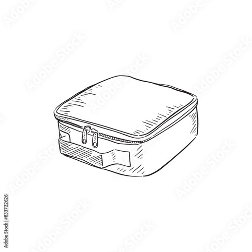 A line drawn illustration of a lunch box. Drawn by hand in black and white. 