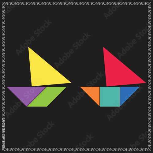 Tangram Puzzle Two Boats Vector Colorful Geometric Illustration