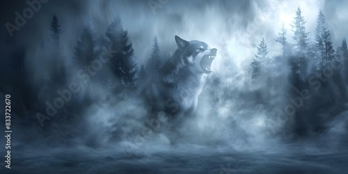 A spooky werewolf growls in moonlight over a foggy forest. Concept Halloween Photoshoot, Werewolf Costume, Moonlit Forest Setting, Spooky Atmosphere, Foggy Background photo