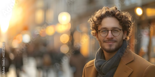 A charming man with curly hair and glasses exudes confidence on a bustling street. Concept Fashion Photography, Urban Lifestyle, Confident Pose, Curly Hair, Street Photography photo