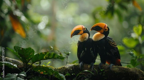 Two hornbills sitting close together in the canopy of a thick forest photo