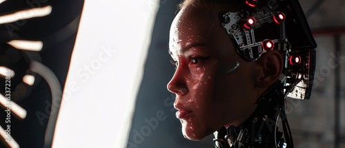 Portrait of a beautiful female cyborg with glowing red eyes photo