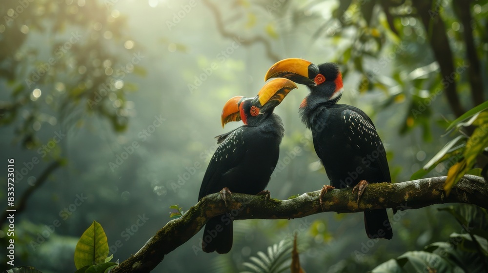 Obraz premium Two hornbills sitting close together in the canopy of a thick forest