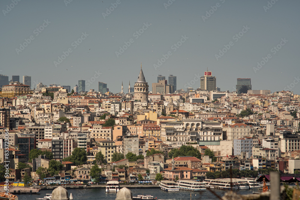 A view from the Suleymaniye Mosque on the Golden Horn in Istanbul and the Galata Tower