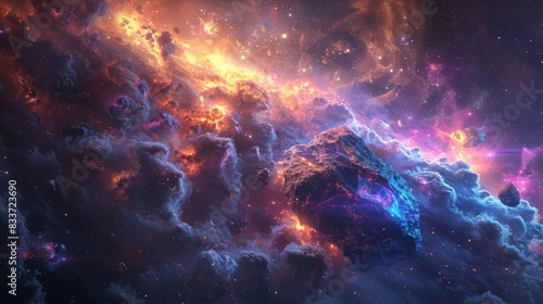 Abstract Cosmic Landscapes, Imaginary landscapes set in space with surreal elements like floating rocks and colorful gases