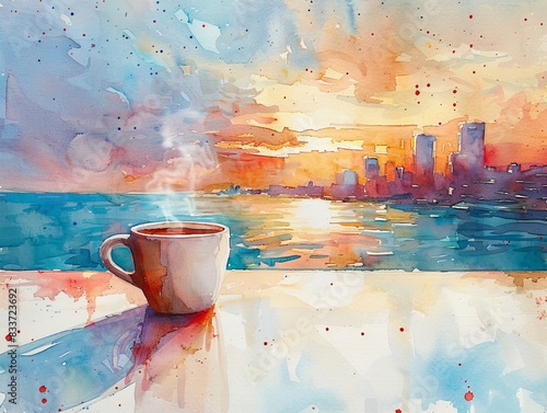 Serene Morning Coffee with Pattaya Beach View - Watercolor Style Close-Up on White Table