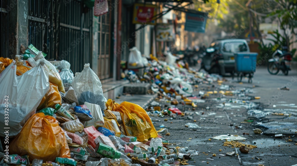 Street vendor area littered with food wrappers and plastic bags, showing urban waste Street vendor area littered with food wrappers and plastic bags, showing urban waste