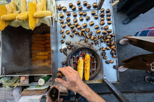 Topview photo of chestnut and corn seller in Istanbul