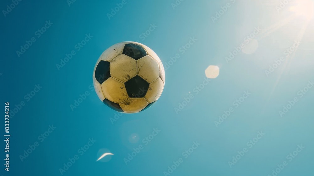 Naklejka premium Soaring to Victory: Dynamic Soccer Ball in 4K Wallpaper，A football being kicked into the sky, blue sky, shot from below, football match live broadcast, European Cup 2024, 4k high-definition wallpape