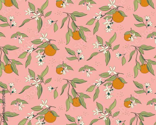 Repeat pattern of delicate orange fruit and flowers on pink
