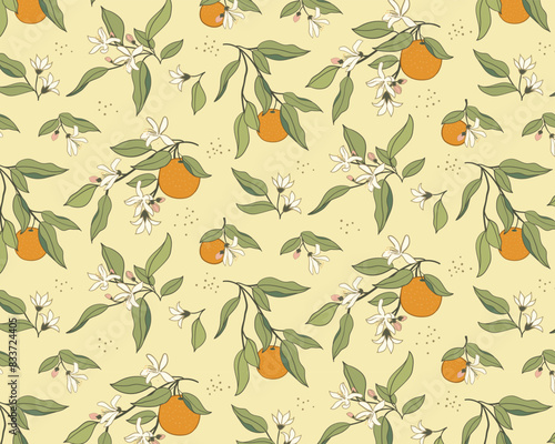Repeat pattern of delicate orange fruit and flowers on yellow