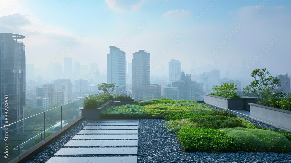 Fototapeta premium Rooftop view of a city with visible air pollution, contrasting with a green rooftop garden