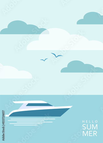 Hello summer and summer time, abstract summer poster. Yacht at sea, sun, modern typography. Vector templates for banner, cover, postcard.