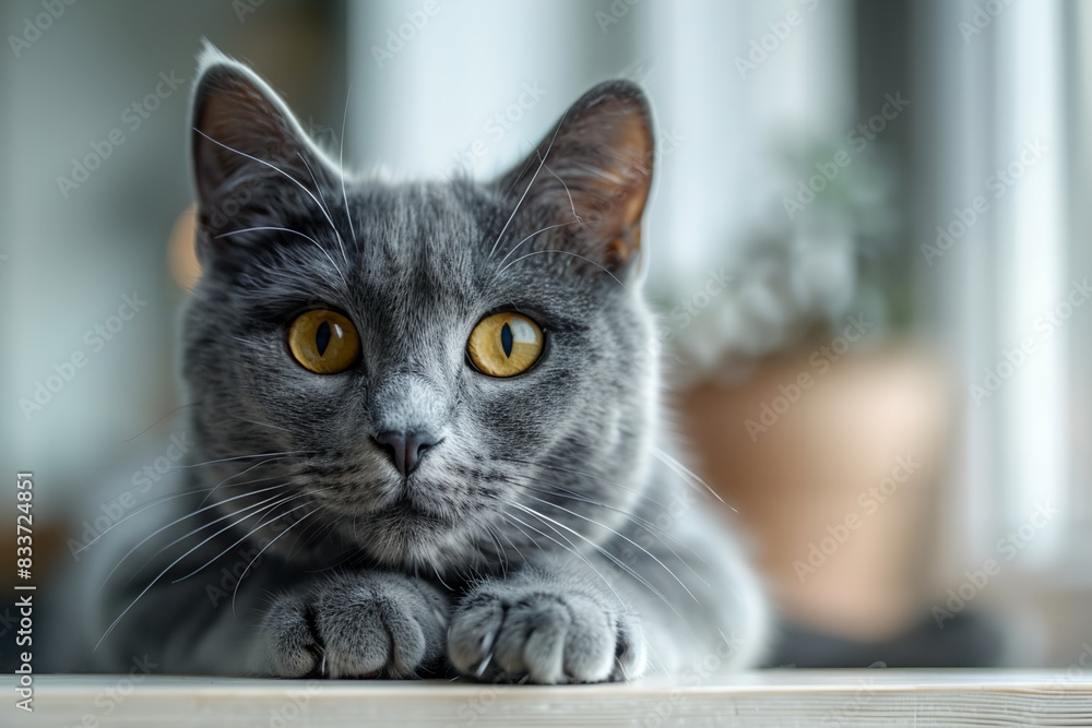 gray cat with yellow eyes laying on a table looking at the camera with a serious look on its face