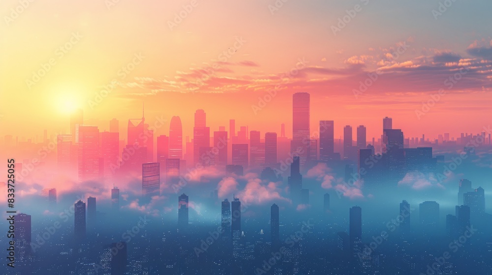 Fototapeta premium Modern city skyline with smog and air pollution, emphasizing environmental issues