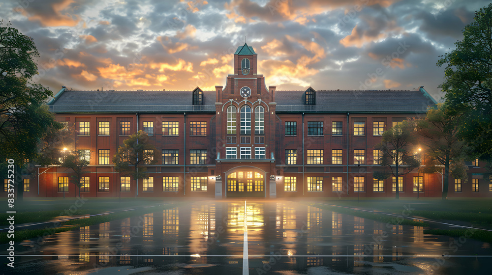 Obraz premium Photo realistic High School Reunion: Nostalgic Reunion with School Building Symbolism for Educational Lifestyle Ads