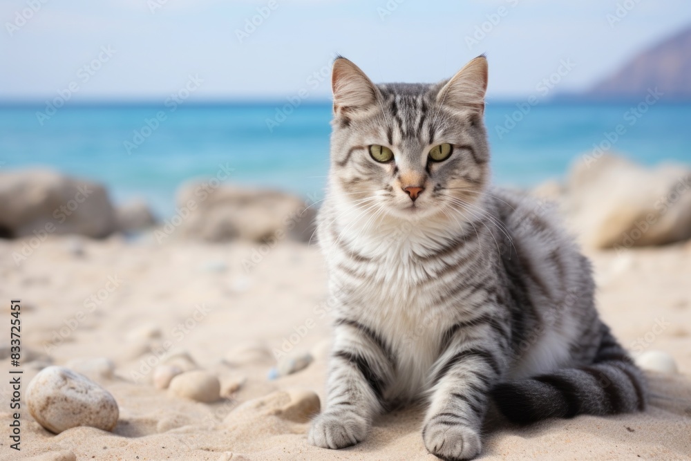 Obraz premium Portrait of a cute american bobtail cat while standing against sandy beach background