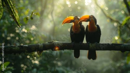 Hornbills sitting close together on a branch, with forest sunlight filtering through photo