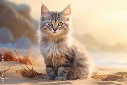 Portrait of a cute australian mist cat over sandy beach background