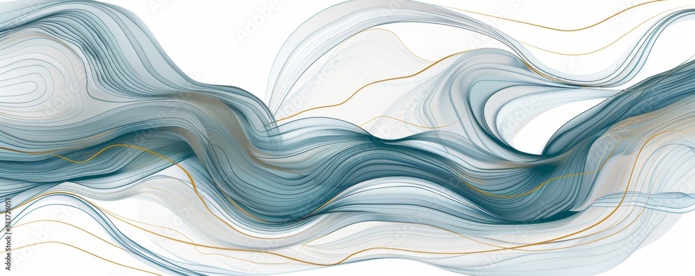 Fototapeta premium Modern art with grey and blue swirls featuring gold lines