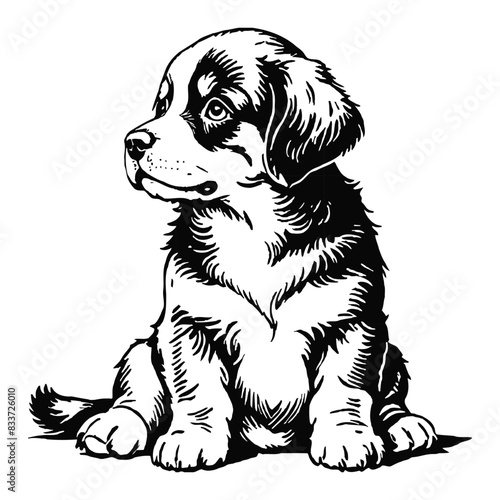 Bernese Mountain Dog Puppy Hand Drawn Engraved Ink Line Art Sketch Illustration