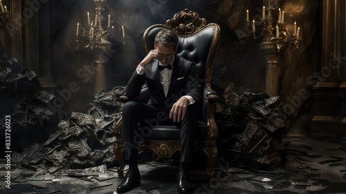 a billionaire sitting on a broken throne,  photo