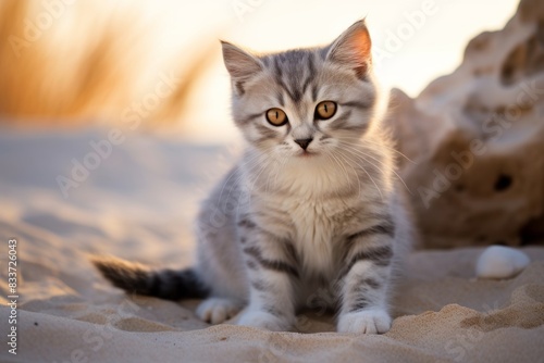Portrait of a cute australian mist cat on sandy beach background