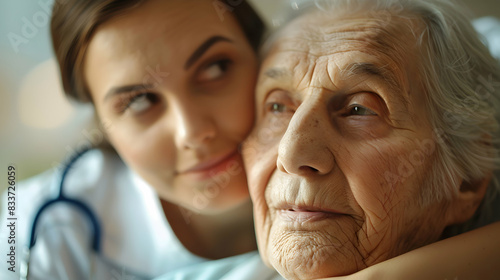 Hospice Nurse Providing Compassionate Care to Terminally Ill Patient   Touching Photo Realistic Image Capturing End of Life Care and Support. Perfect for Hospice and Healthcare Ads