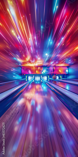 Vibrant neon lights illuminate a bowling alley with colorful lanes and an energetic ambiance, capturing the excitement and fun of the sport.