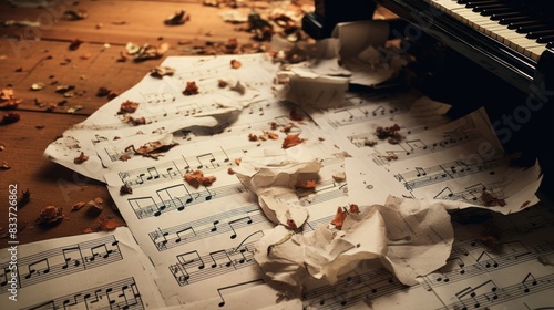 a singer's torn-up sheet music scattered on the floor, symbolizing their failed performance 